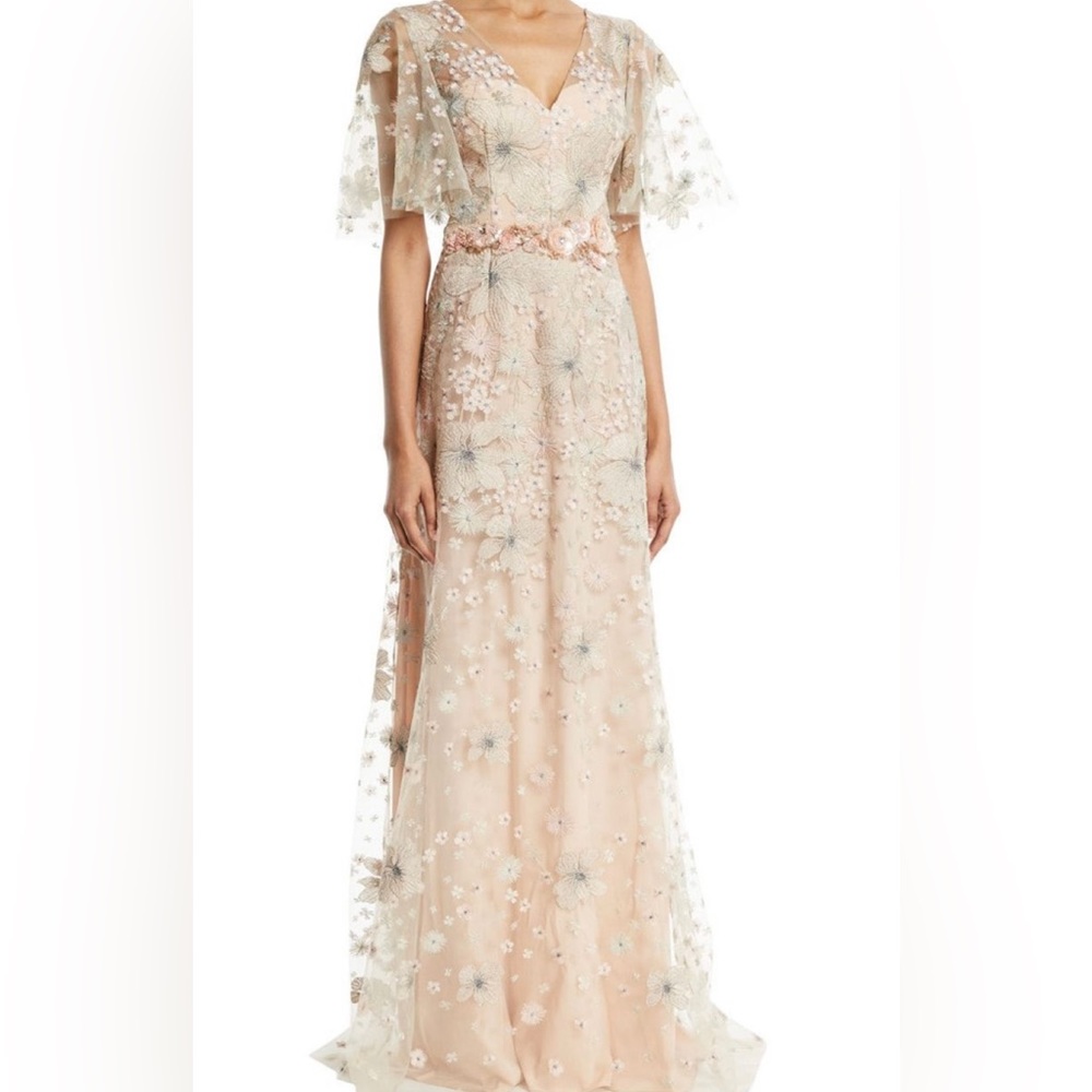 David Meister Flutter Sleeve Embroidred Gown